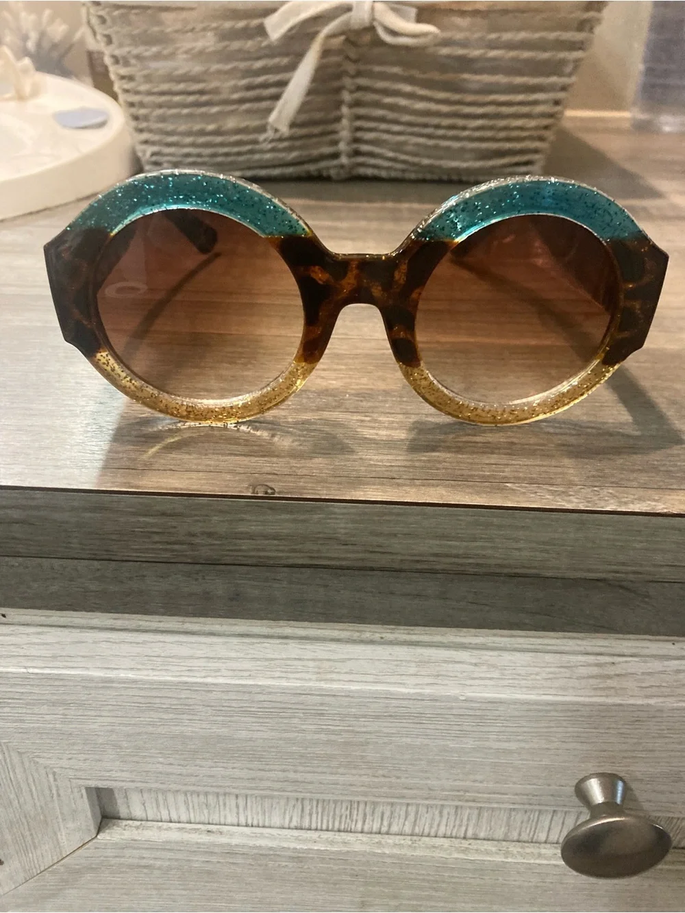 Tortoiseshell Round Sunglasses with Teal & Gold Glitter Accents